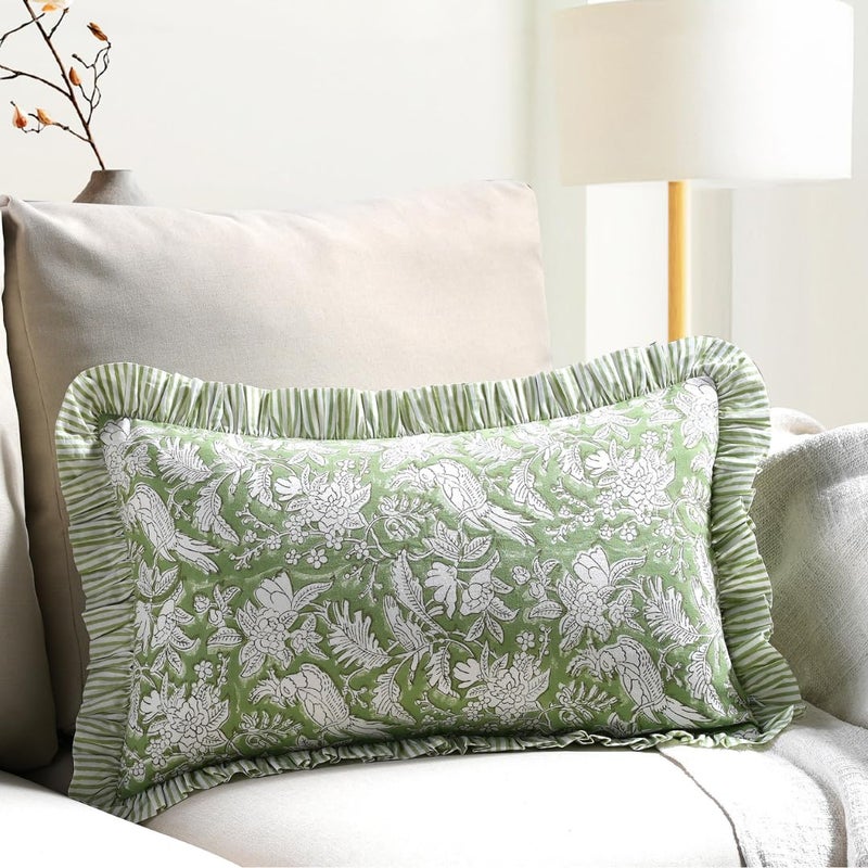 CPC COTTON PRINT CLU CPC Olive Green 100% Cotton Block Print Ruffle Sham Cover 12x20 inch  Handmade Boho Floral Pillowcase  Farmhouse Cottagecore Bedding  Soft Decorative Cushion Cover for Bedroom D?cor - Image 1